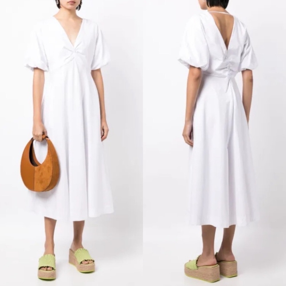 Staud Finley Midi Dress Short Puff Sleeves Cotton Stretch Bridal Shower Beach 10